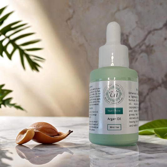 NutriShine | Gotas de Brillo y Reparación · Argán + Vitamina E + Escualeno